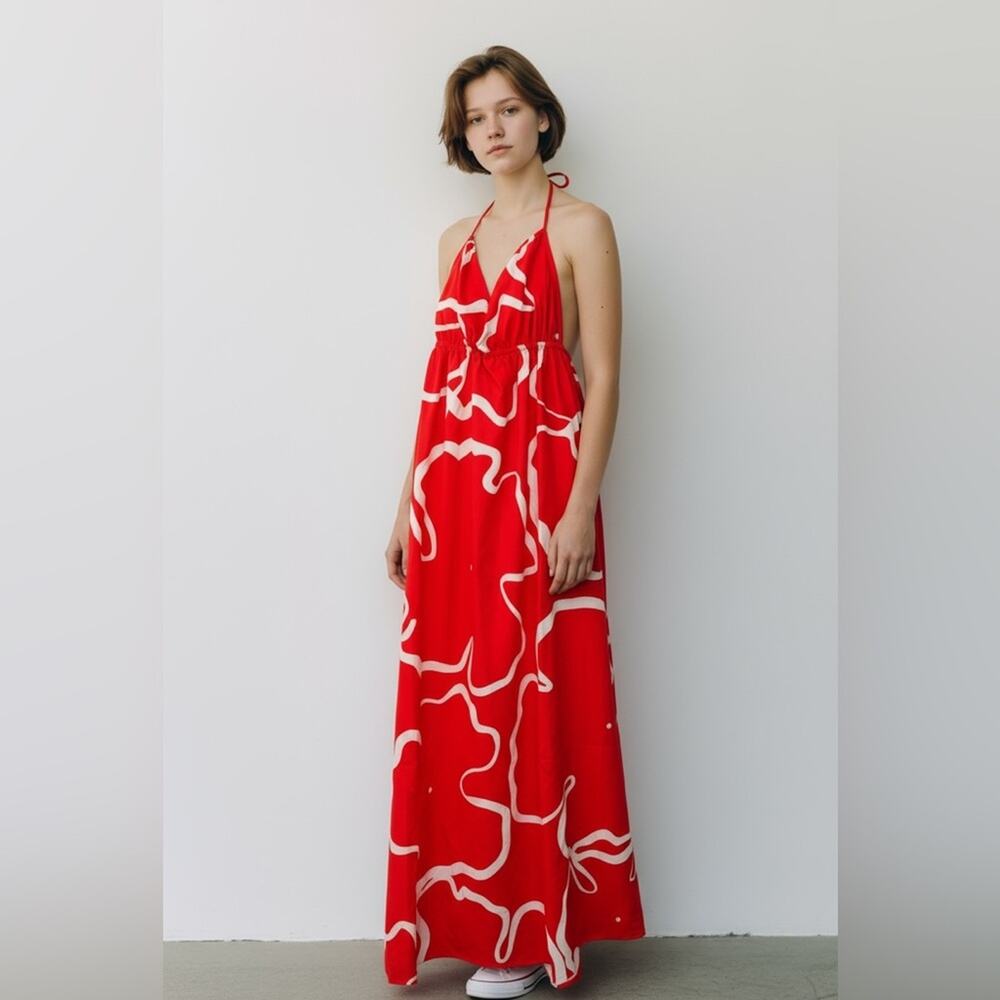 Amazon Orange White Print Flowy Halter Maxi Dress Small